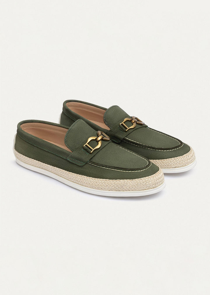 Achilles | Vigo Loafers â€“ Textured Leather Slip-On with Chain Accent -Olive