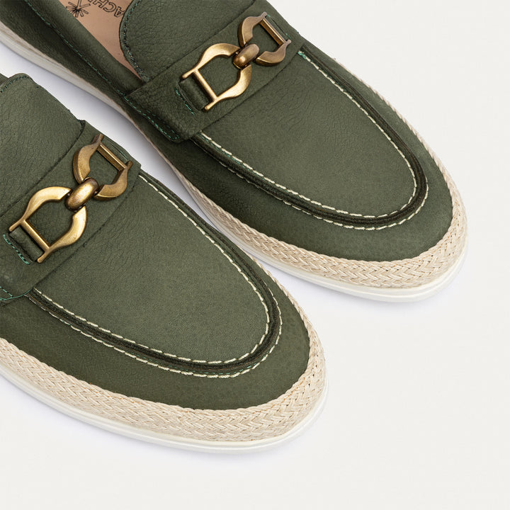 Achilles | Vigo Loafers – Textured Leather Slip-On with Chain Accent -Olive
