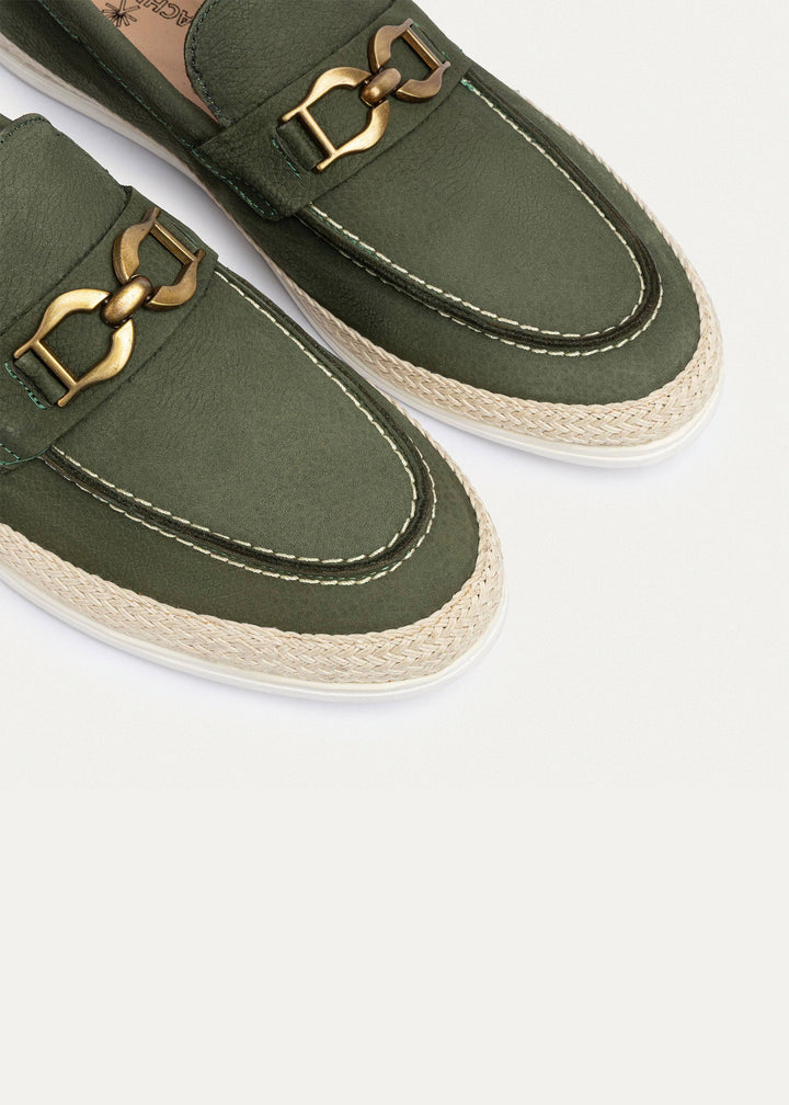 Achilles | Vigo Loafers â€“ Textured Leather Slip-On with Chain Accent -Olive