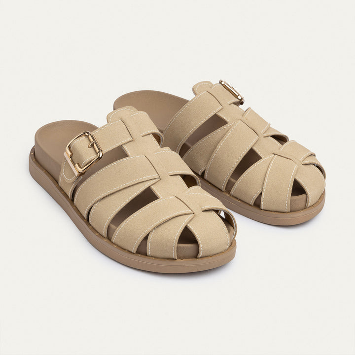 Achilles | Milano Buckle Sandals – Suede Comfort with Studded Edge-Beige