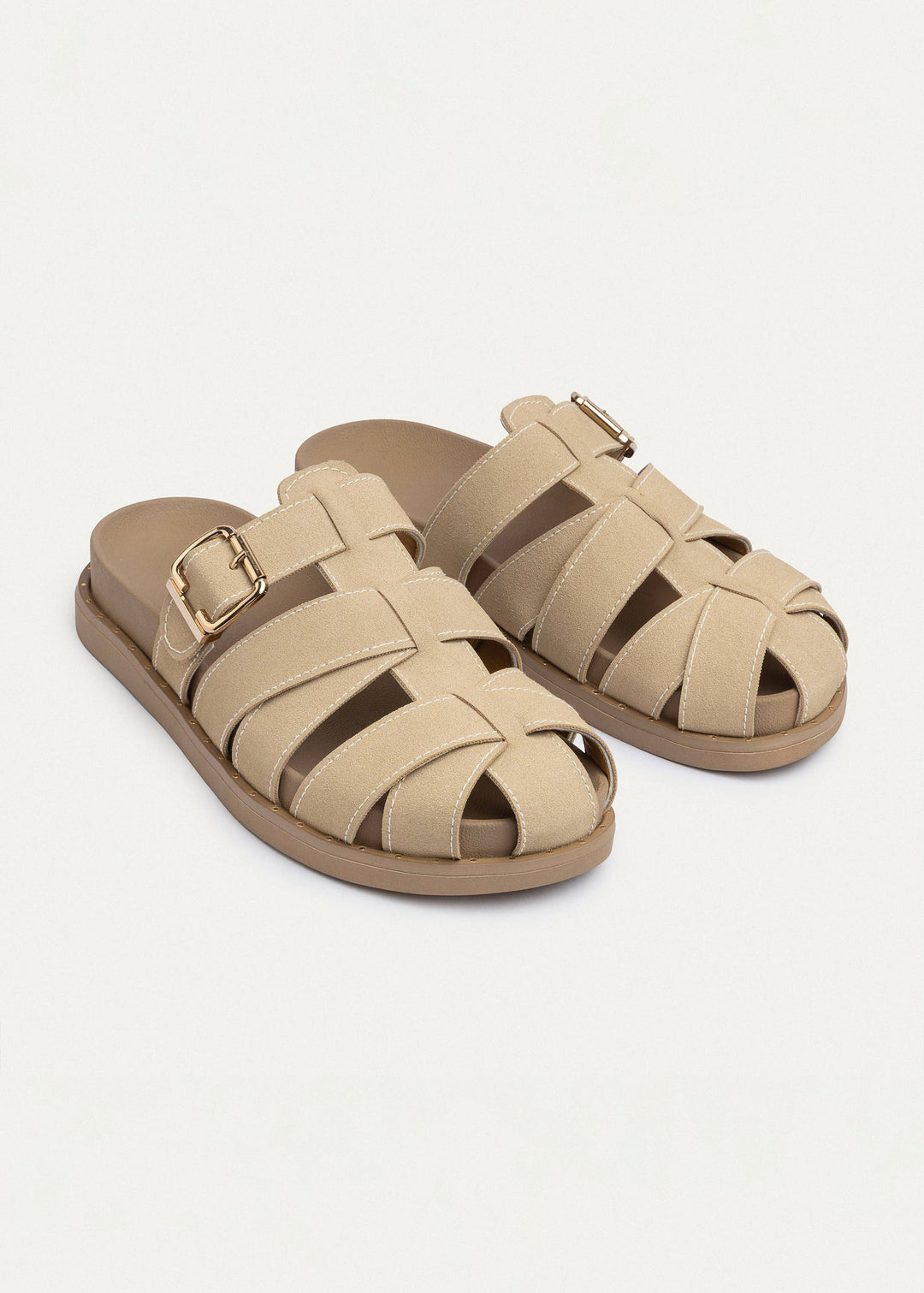 Milano Buckle Sandals “ Suede Comfort with Studded Edge | Beige