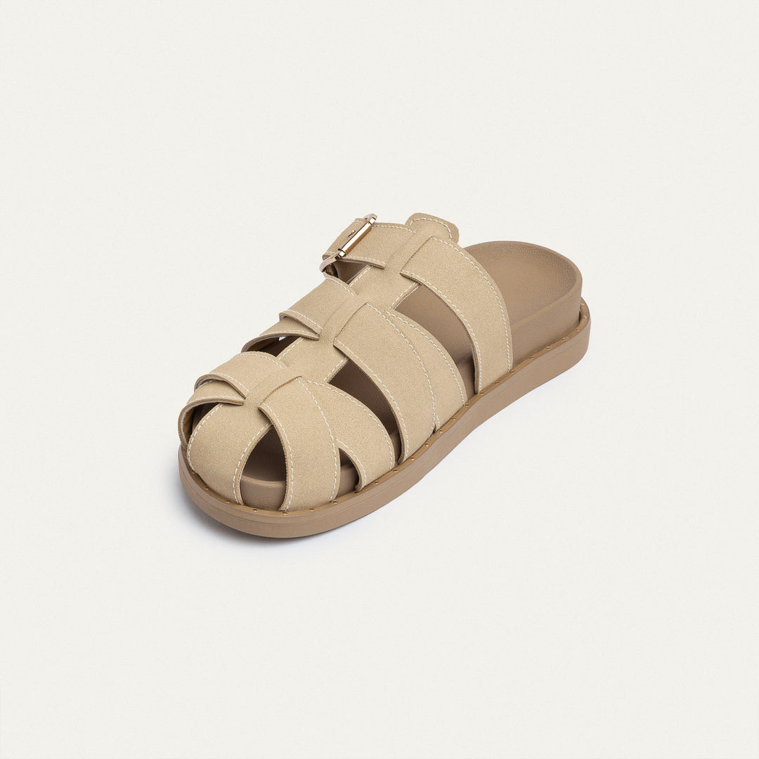 Achilles | Milano Buckle Sandals – Suede Comfort with Studded Edge-Beige