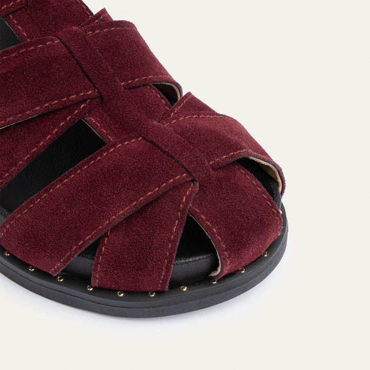 Achilles | Milano Buckle Sandals – Suede Comfort with Studded Edge-Burgundy