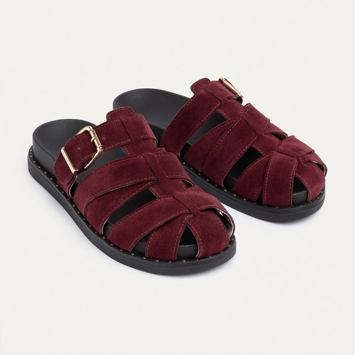 Achilles | Milano Buckle Sandals – Suede Comfort with Studded Edge-Burgundy