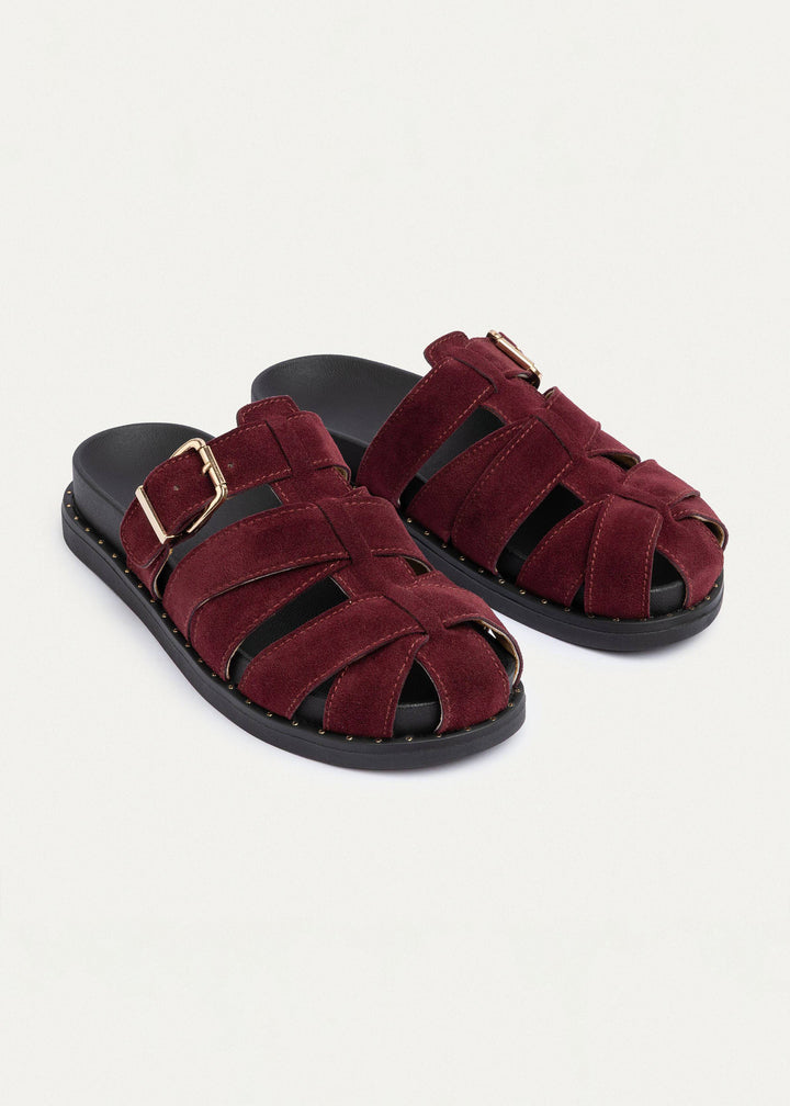 Milano Buckle Sandals “ Suede Comfort with Studded Edge | Burgundy