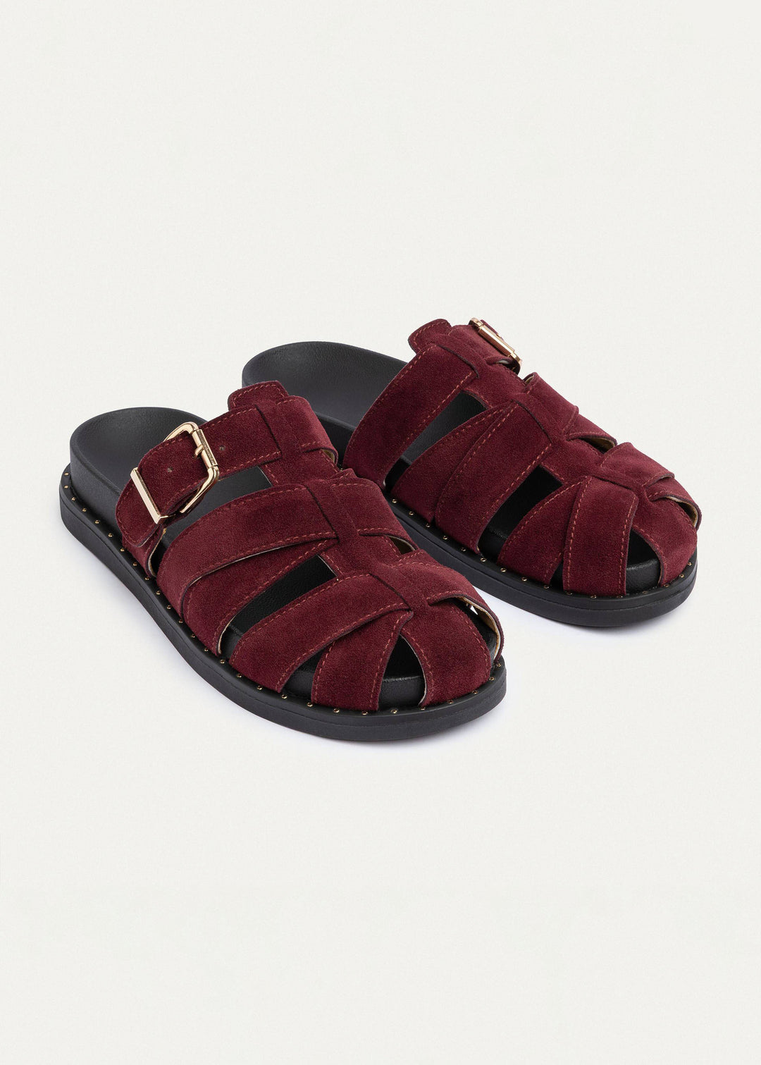 Milano Buckle Sandals “ Suede Comfort with Studded Edge | Burgundy