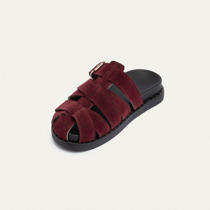 Achilles | Milano Buckle Sandals – Suede Comfort with Studded Edge-Burgundy