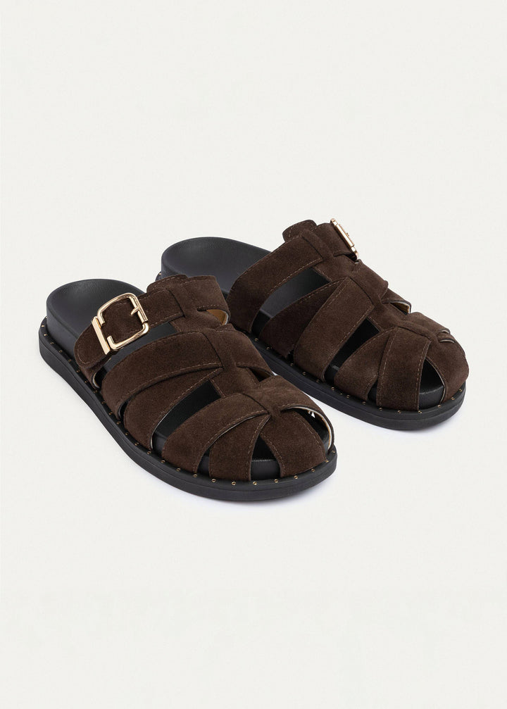 Milano Buckle Sandals “ Suede Comfort with Studded Edge | Brown