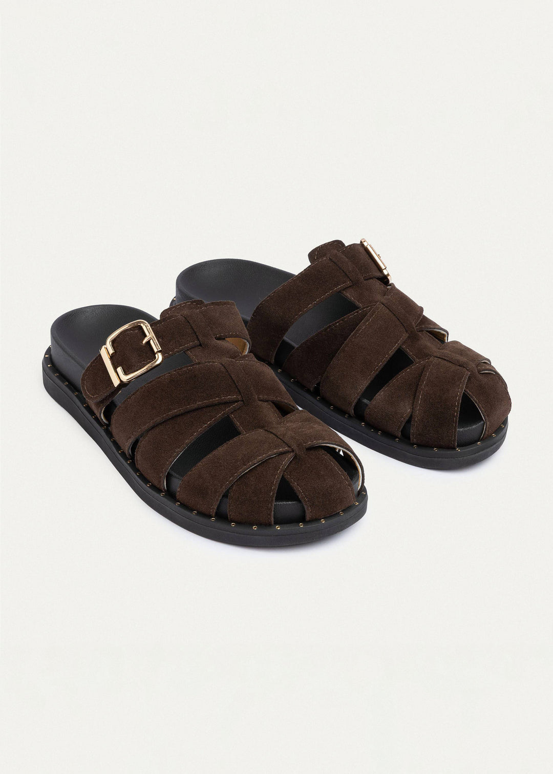 Milano Buckle Sandals “ Suede Comfort with Studded Edge | Brown