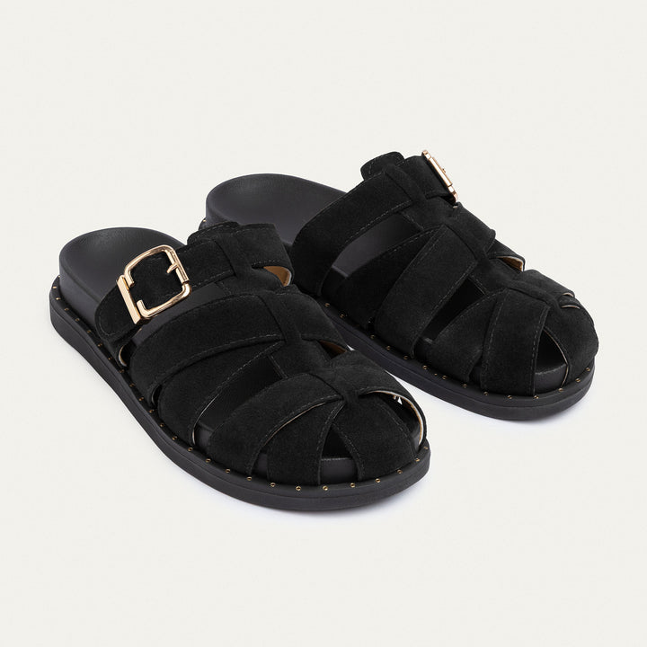 Achilles | Milano Buckle Sandals – Suede Comfort with Studded Edge-Black