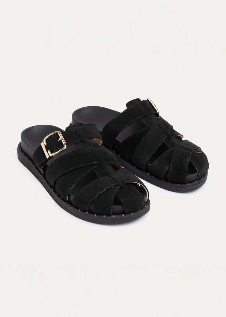 Milano Buckle Sandals “ Suede Comfort with Studded Edge | Black