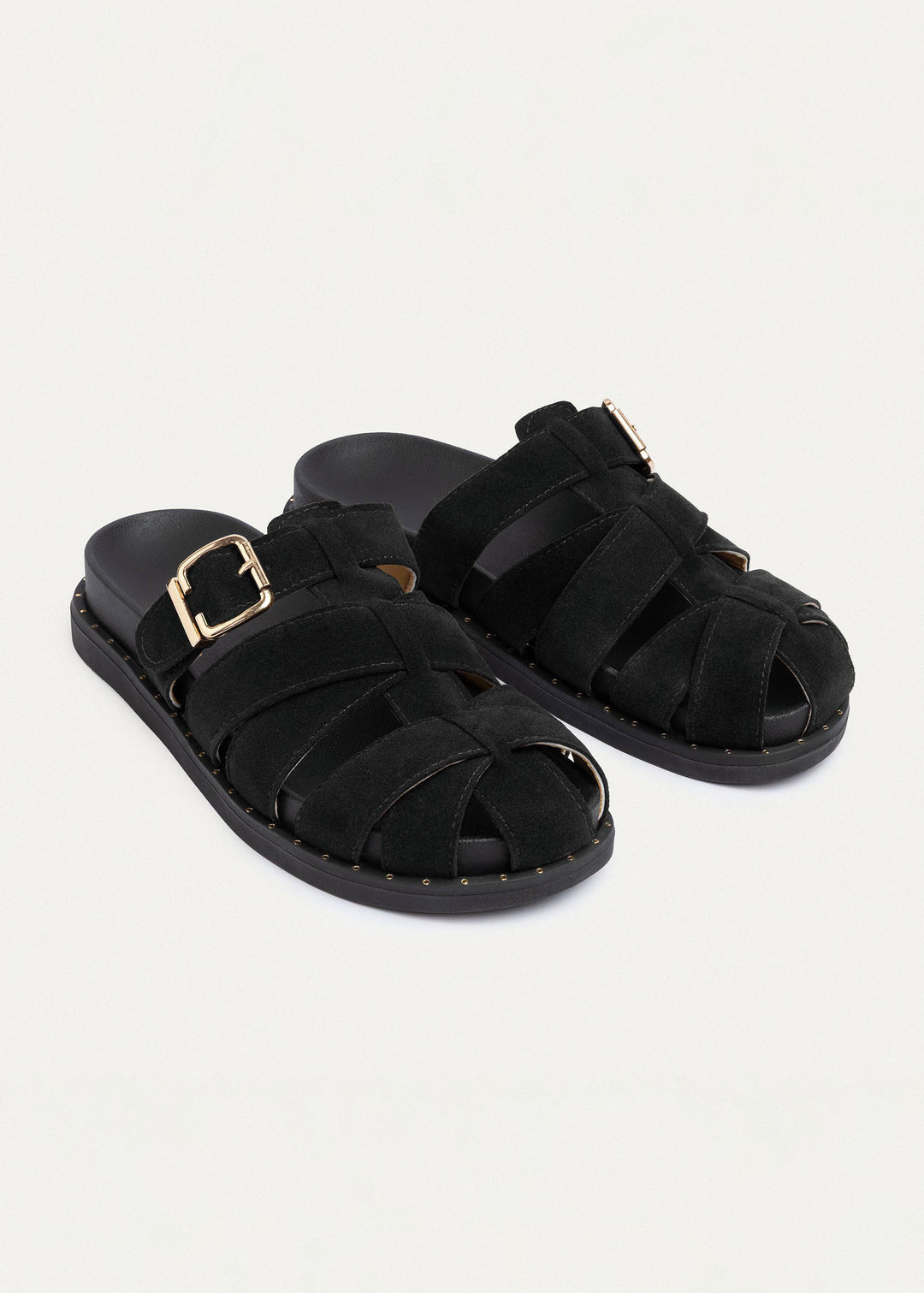 Milano Buckle Sandals “ Suede Comfort with Studded Edge | Black