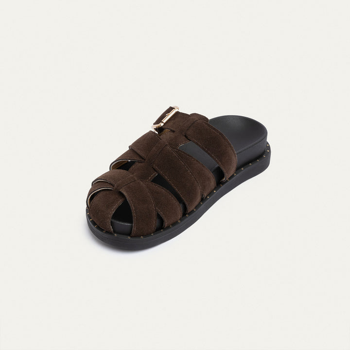 Achilles | Milano Buckle Sandals – Suede Comfort with Studded Edge-Brown