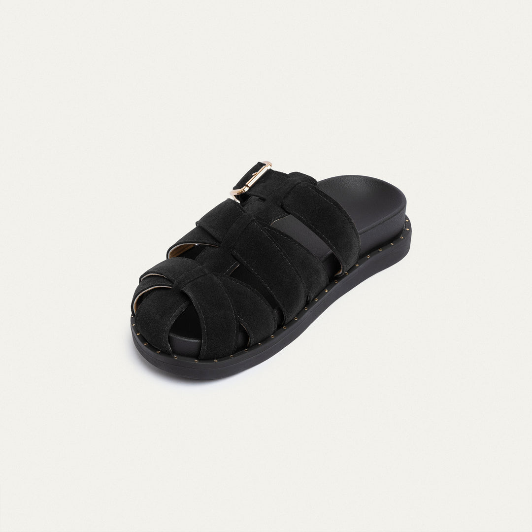 Achilles | Milano Buckle Sandals – Suede Comfort with Studded Edge-Black