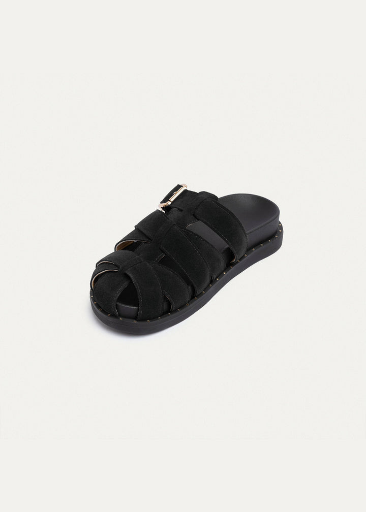 Milano Buckle Sandals “ Suede Comfort with Studded Edge | Black