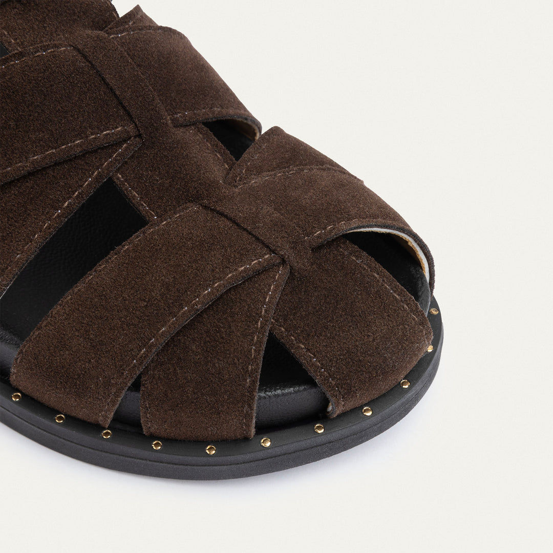 Achilles | Milano Buckle Sandals – Suede Comfort with Studded Edge-Brown