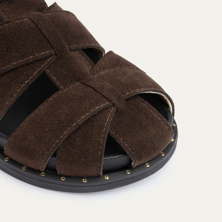 Achilles | Milano Buckle Sandals – Suede Comfort with Studded Edge-Brown