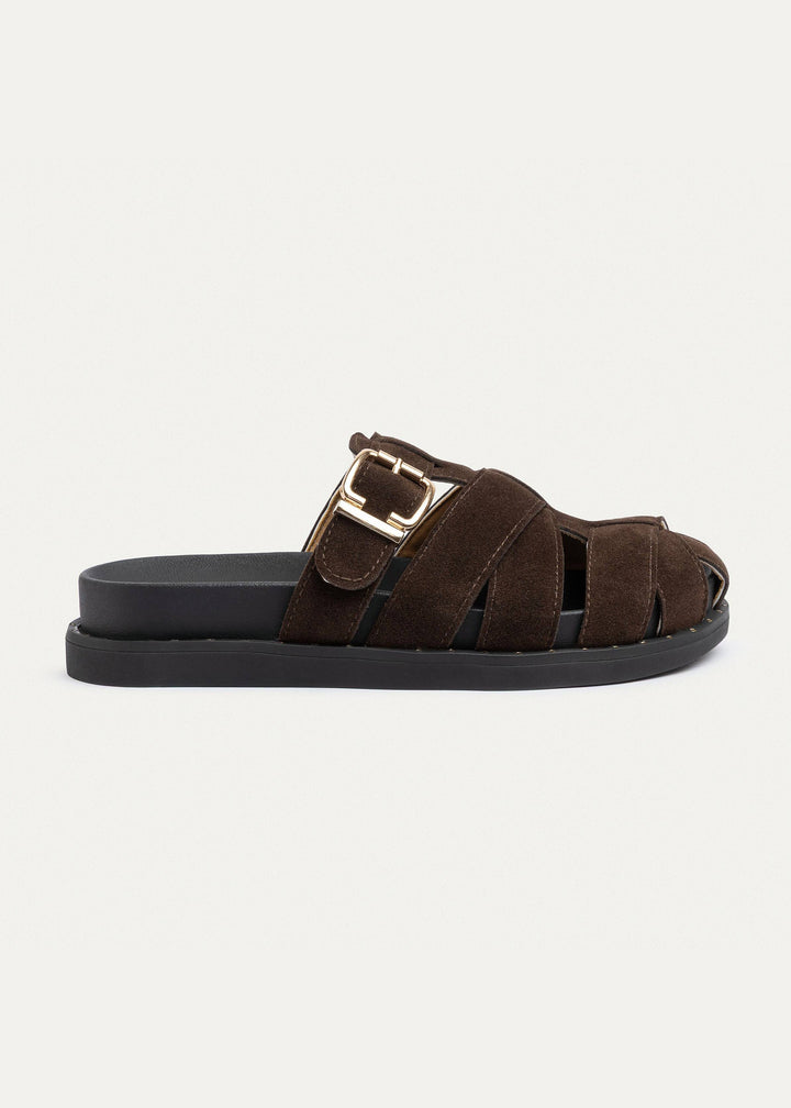 Milano Buckle Sandals “ Suede Comfort with Studded Edge | Brown