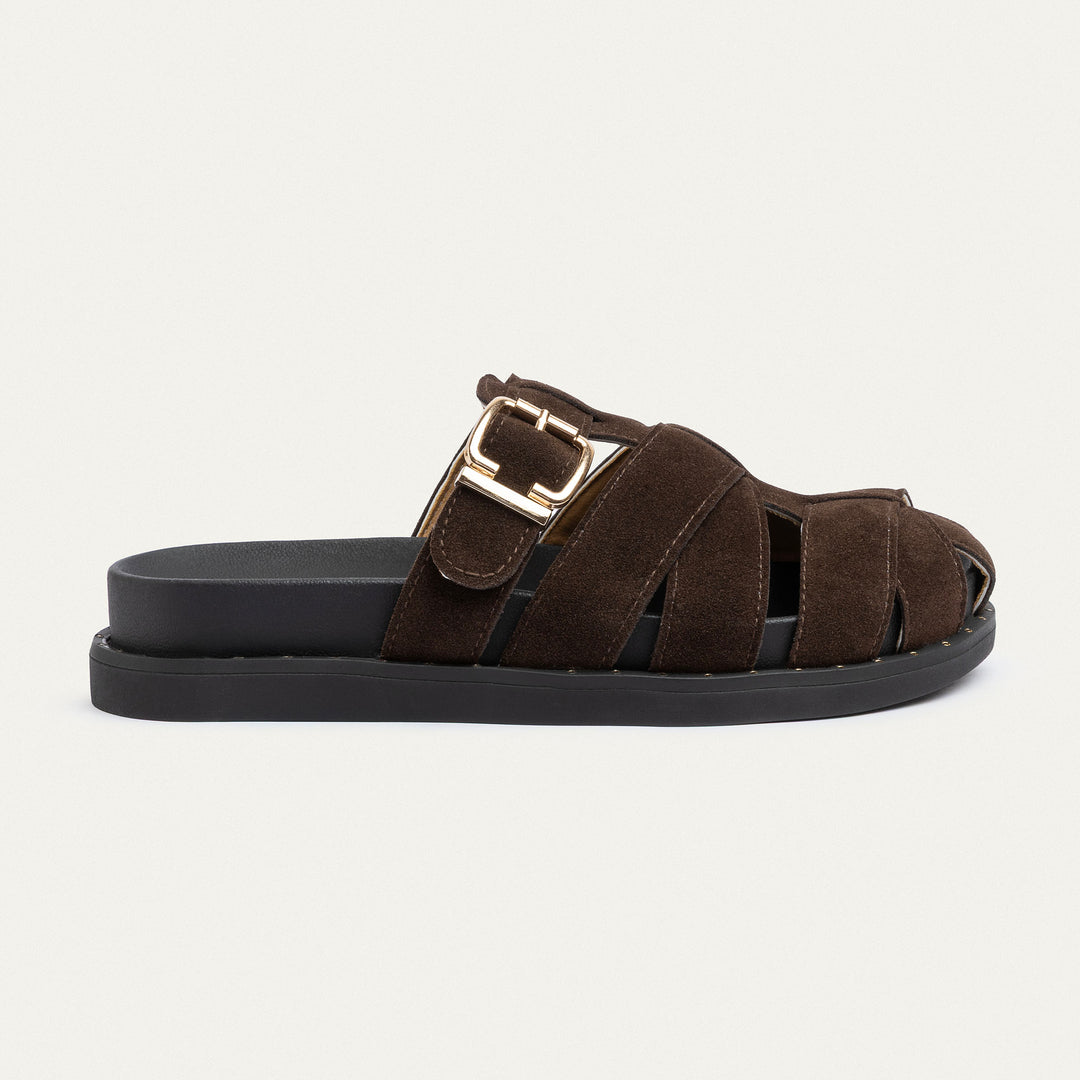Achilles | Milano Buckle Sandals – Suede Comfort with Studded Edge-Brown