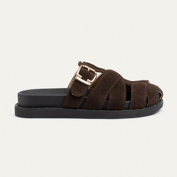 Achilles | Milano Buckle Sandals – Suede Comfort with Studded Edge-Brown