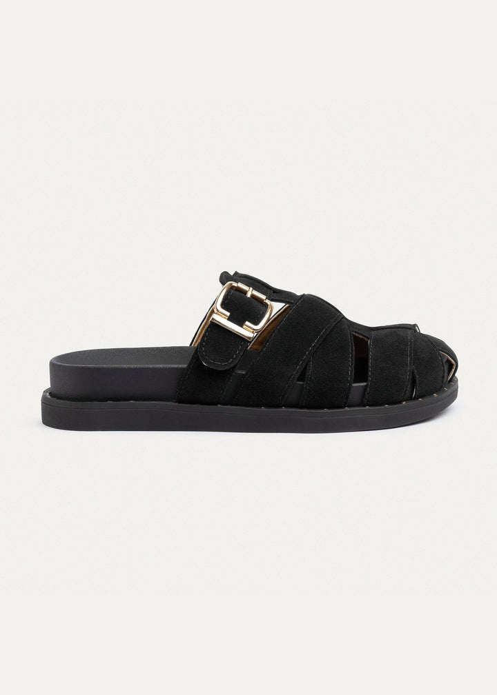 Milano Buckle Sandals “ Suede Comfort with Studded Edge | Black