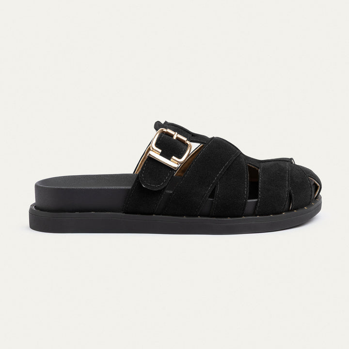 Achilles | Milano Buckle Sandals – Suede Comfort with Studded Edge-Black