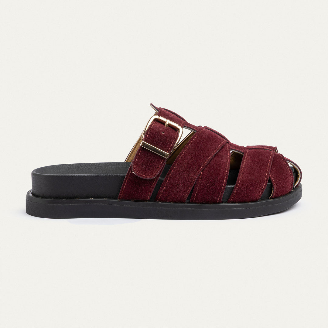 Achilles | Milano Buckle Sandals – Suede Comfort with Studded Edge-Burgundy