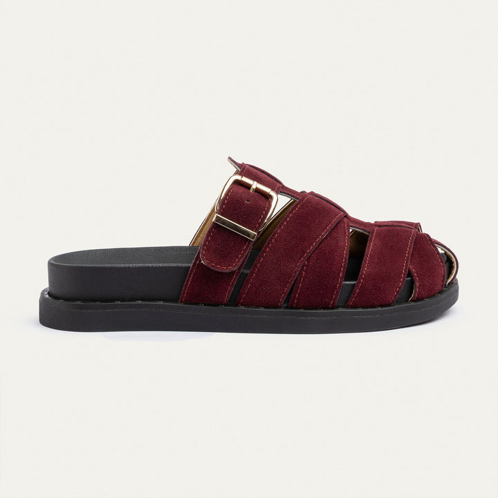 Achilles | Milano Buckle Sandals – Suede Comfort with Studded Edge-Burgundy