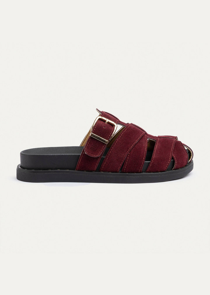 Milano Buckle Sandals “ Suede Comfort with Studded Edge | Burgundy