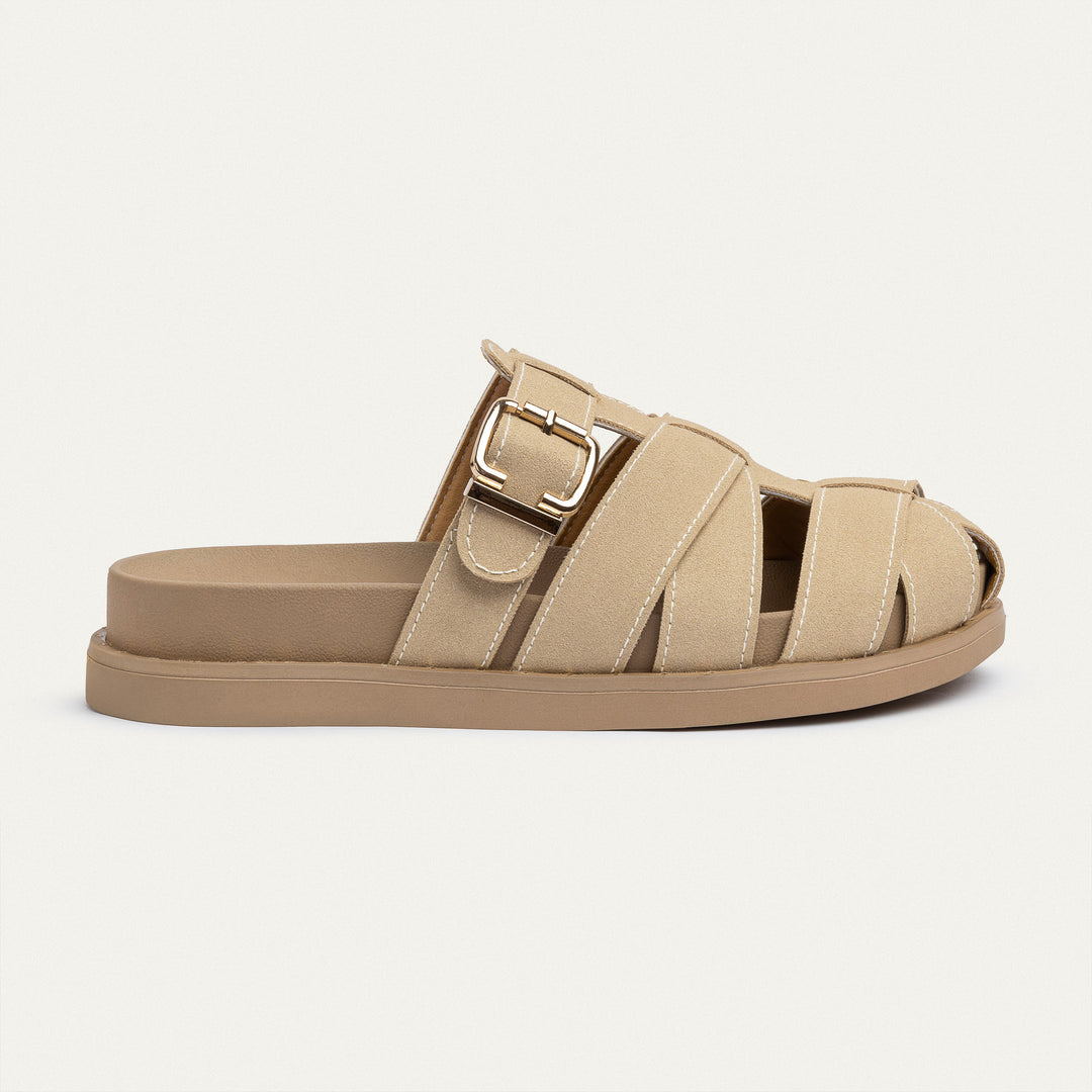Achilles | Milano Buckle Sandals – Suede Comfort with Studded Edge-Beige