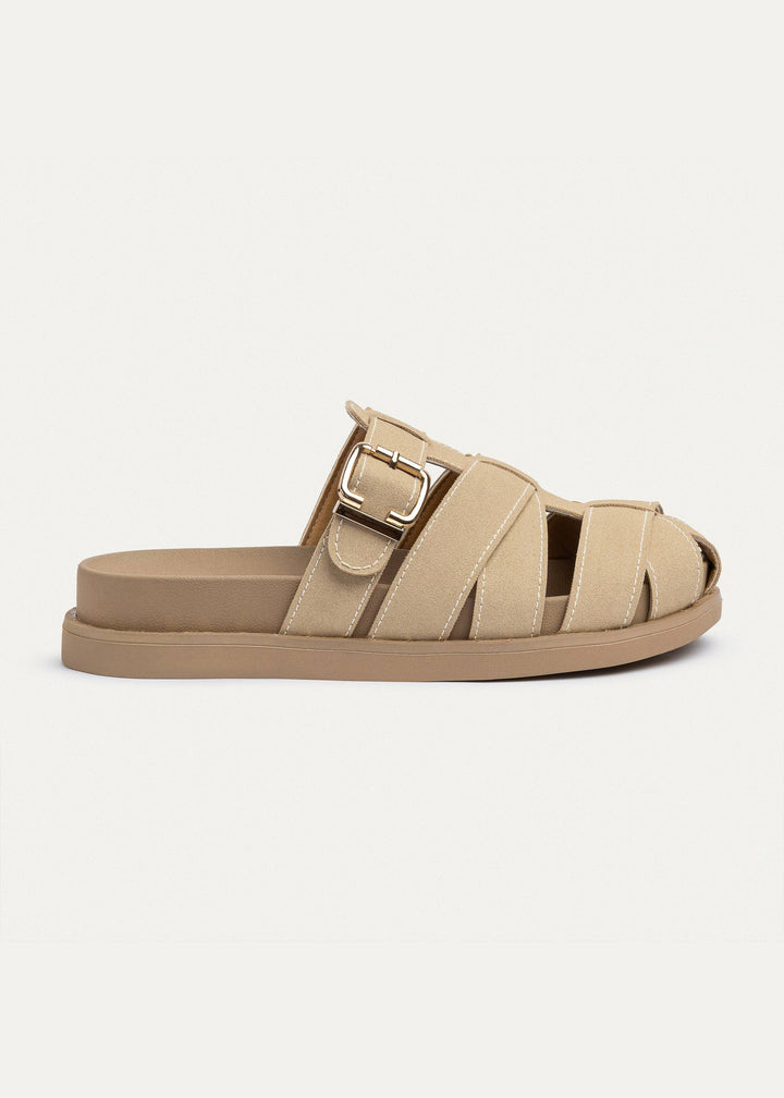 Milano Buckle Sandals “ Suede Comfort with Studded Edge | Beige