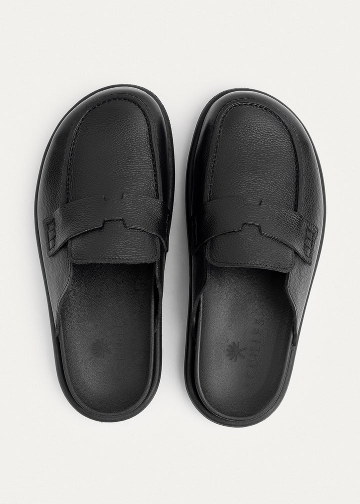 Pebbled Leather Slip-On Loafer Mule | Balck