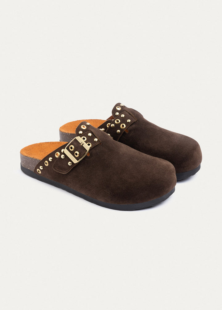 Achilles | Studded Buckle Clogs | Brown