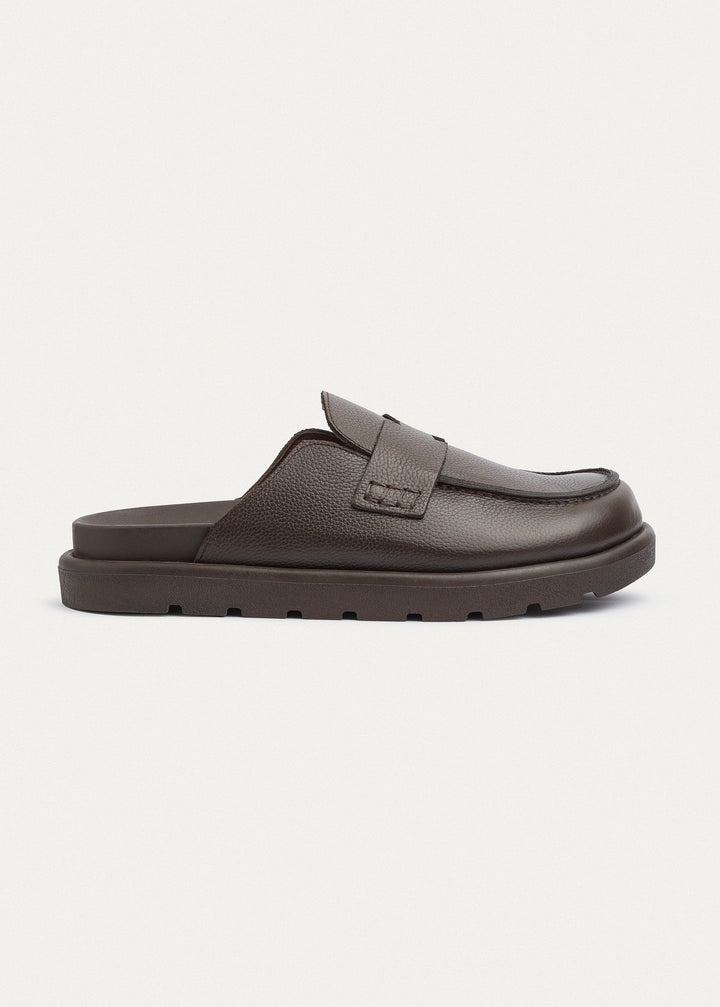 Pebbled Leather Slip-On Loafer Mule | Brown