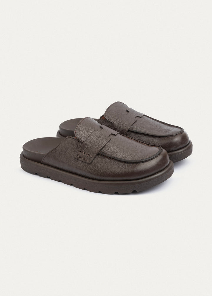 Pebbled Leather Slip-On Loafer Mule | Brown