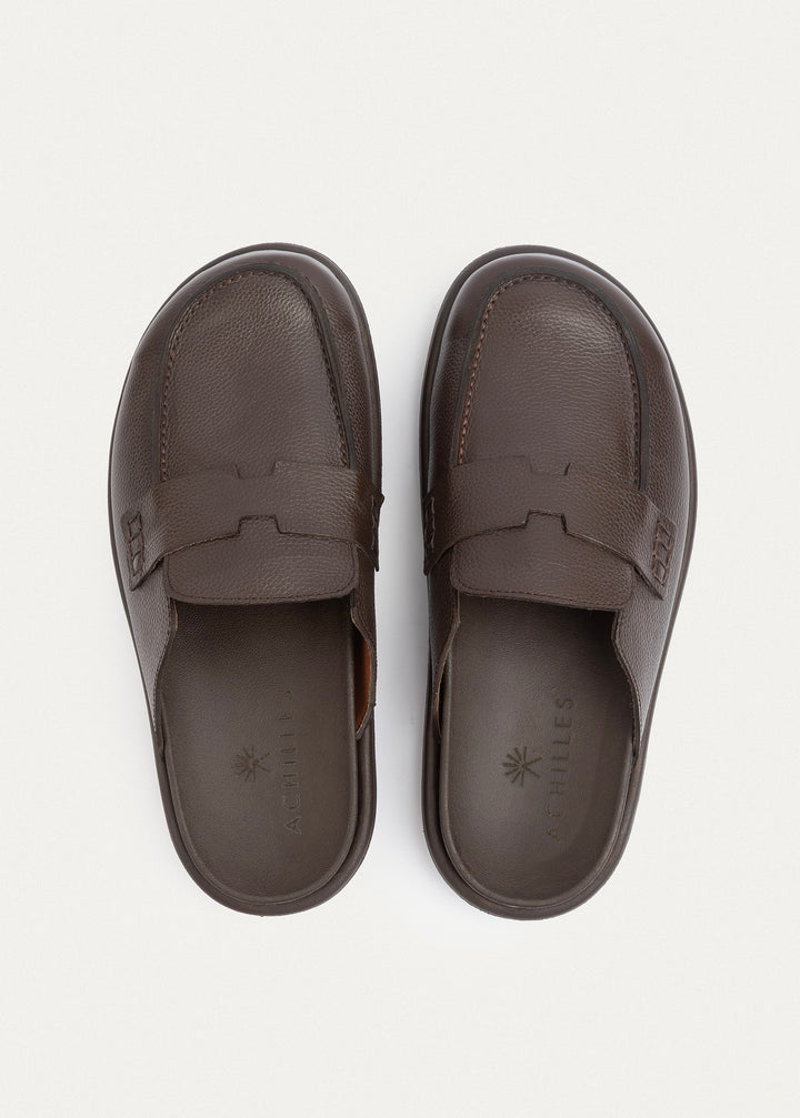 Pebbled Leather Slip-On Loafer Mule | Brown