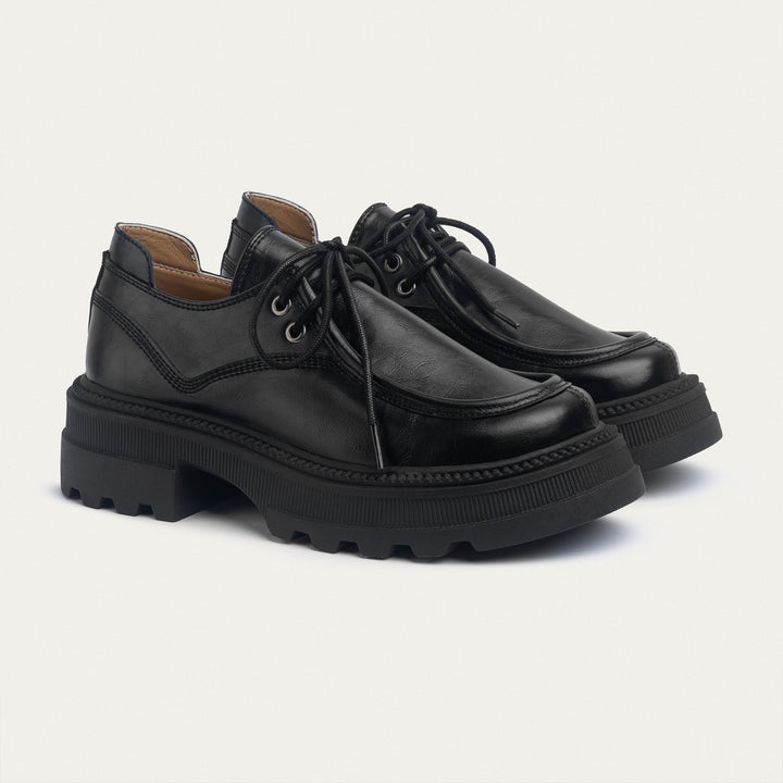 Women Black Chunky Oxford Loafer with laces