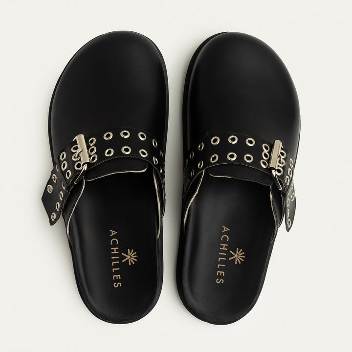 Halia Black Leather Mules