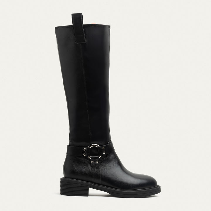 Chunky Heel Knee-High Boot with Side Zipper - Black