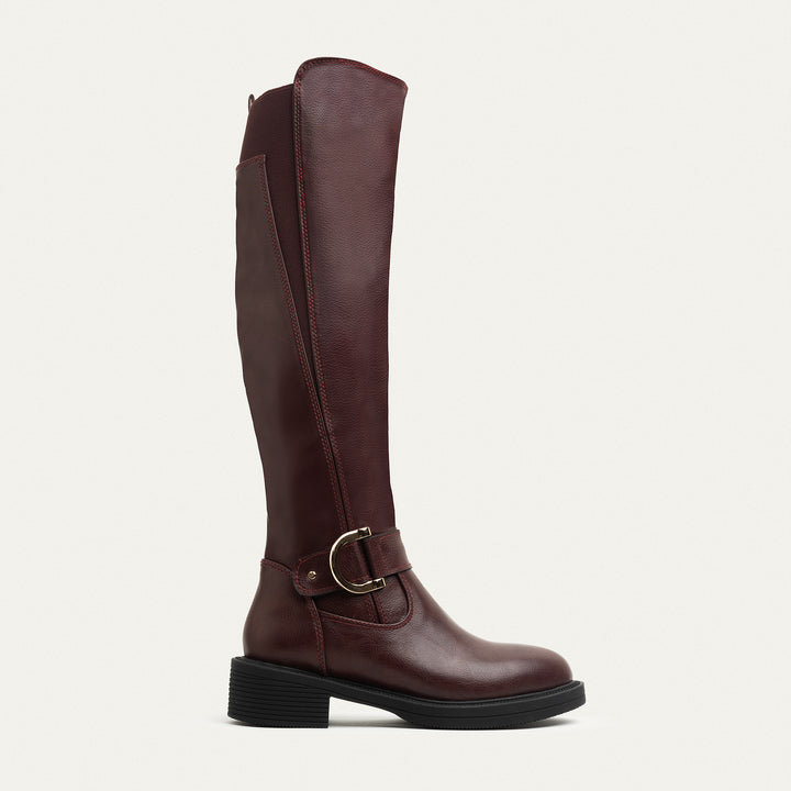 The Buckle High Knee Boots - Burgundy