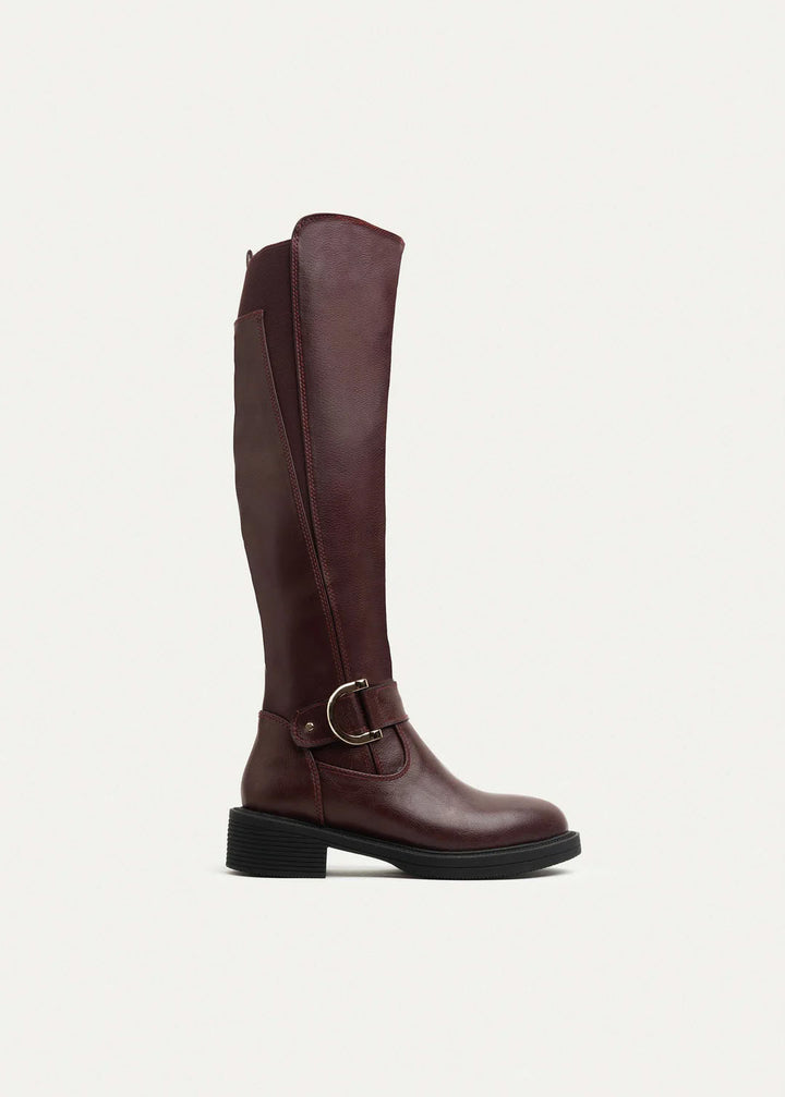 The Buckle Knee High Boots - Burgundy