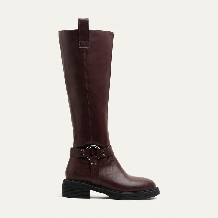 Chunky Heel Knee-High Boot with Side Zipper - Burgundy