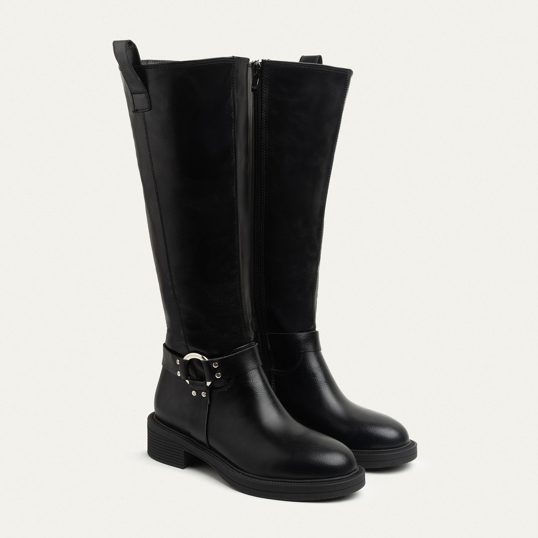 Chunky Heel Knee-High Boot with Side Zipper - Black