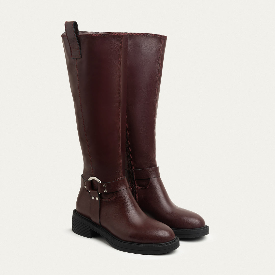 Chunky Heel Knee-High Boot with Side Zipper - Burgundy