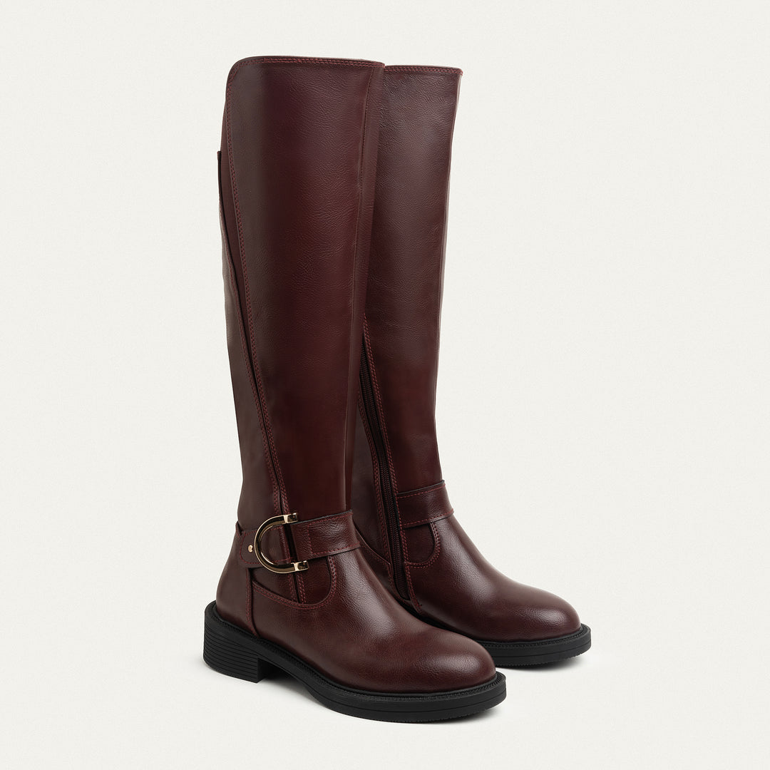 The Buckle High Knee Boots - Burgundy