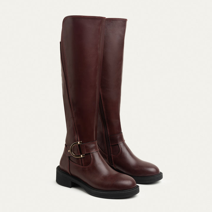 The Buckle Knee High Boots - Burgundy