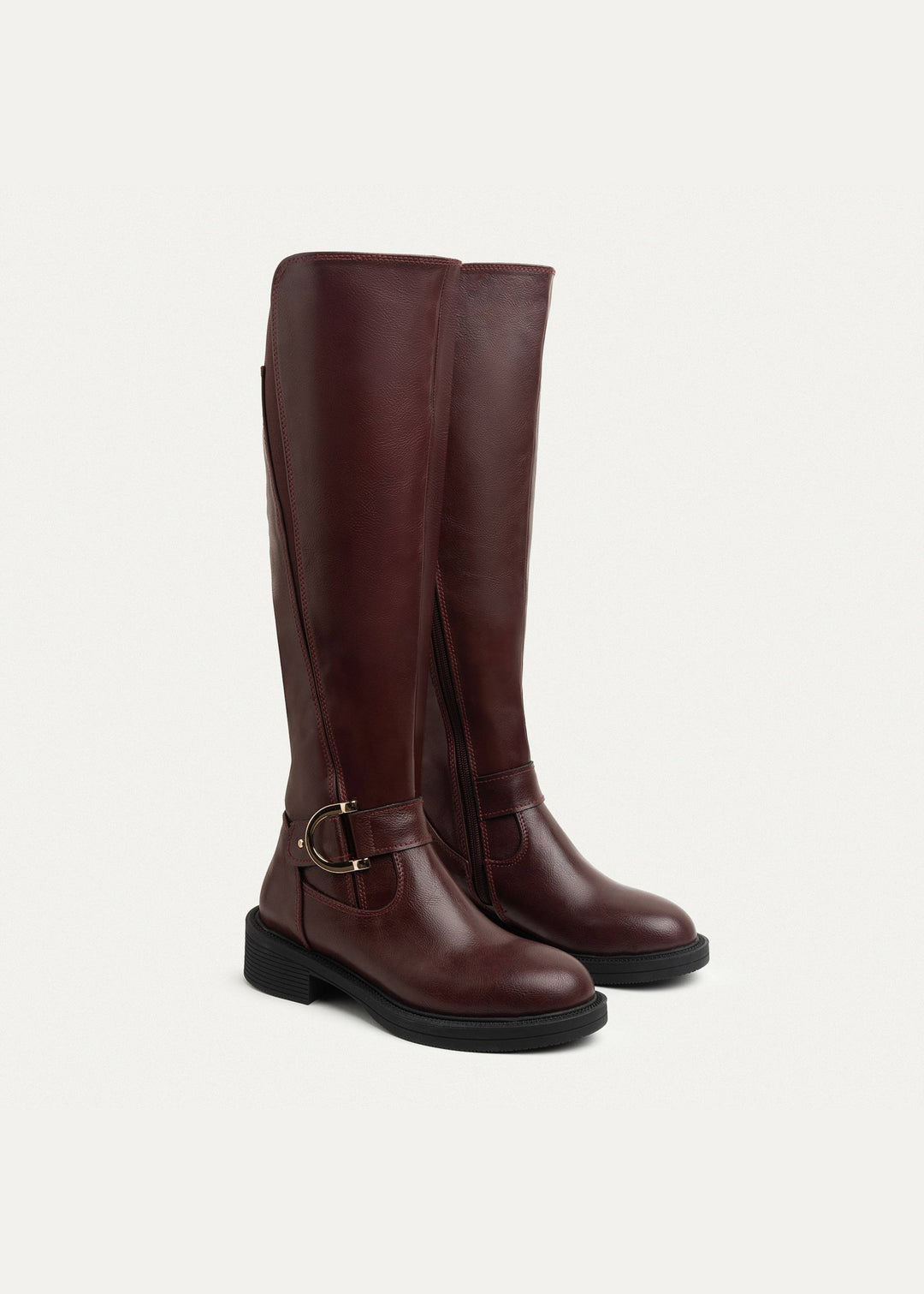The Buckle Knee High Boots - Burgundy
