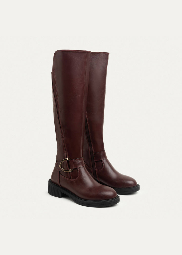 The Buckle Knee High Boots - Burgundy