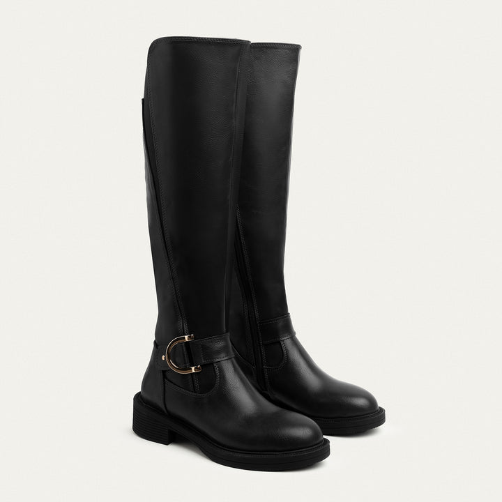 The Buckle High Knee Boots - Black