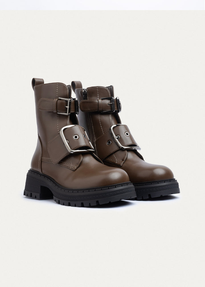 Dual Buckle Combat Boots | Mocha Brown